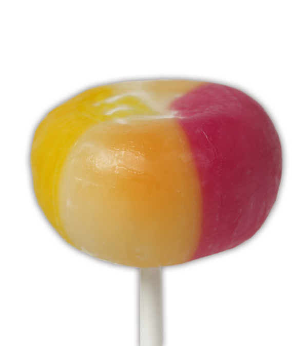 Peach flavoured round lollipop.